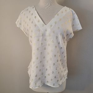 Boden White Linen Gold Leaf Print Top